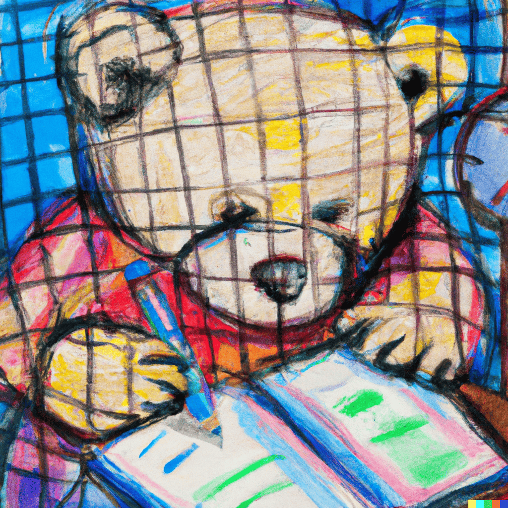 DALL C2 B7E 202023 08 23 2016.16.47 20 20Expressive 20oil 20painting 20of 20teddy 20bear 20writing 20with 20crayons 20in 20a 20journal 20while 20in 20a 20cage
