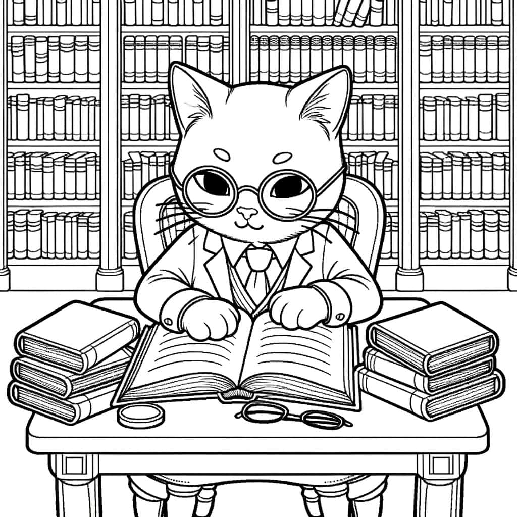 NaNoWriMo participant - cat sitting at a desk reading I front of libray books