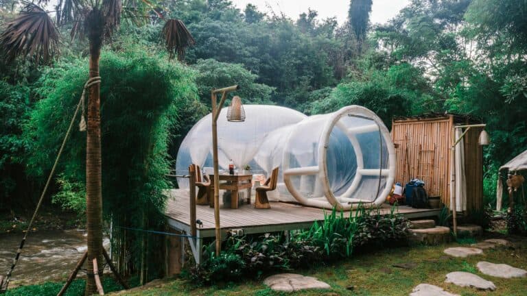 Writing Blog - Exterior of cute bubble tent in tropical garden for quietly writing a blog