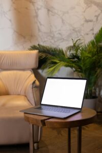 5 Ways to Writing Fun - Sunday Fun Day - Let's Try Something New on this 7th Day of the Week... 3 Writing Fun ~ Laptop Displaying a Blank White Screen Standing on a Coffee Table