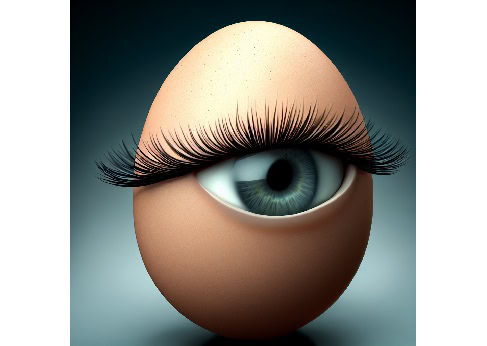 egg inside an egg ~ Definitely NOT! This is an AI created image of an eye inside a chicken egg with long black eye lashes. It's creepy!