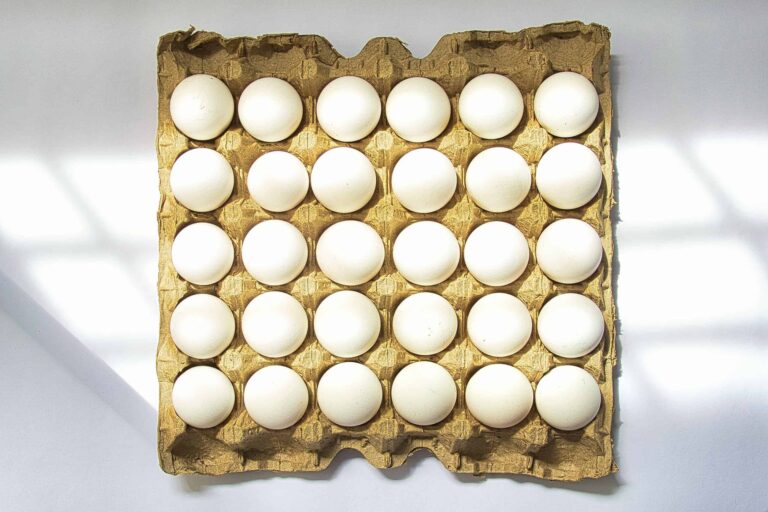 Increasing egg production. White eggs on a tray