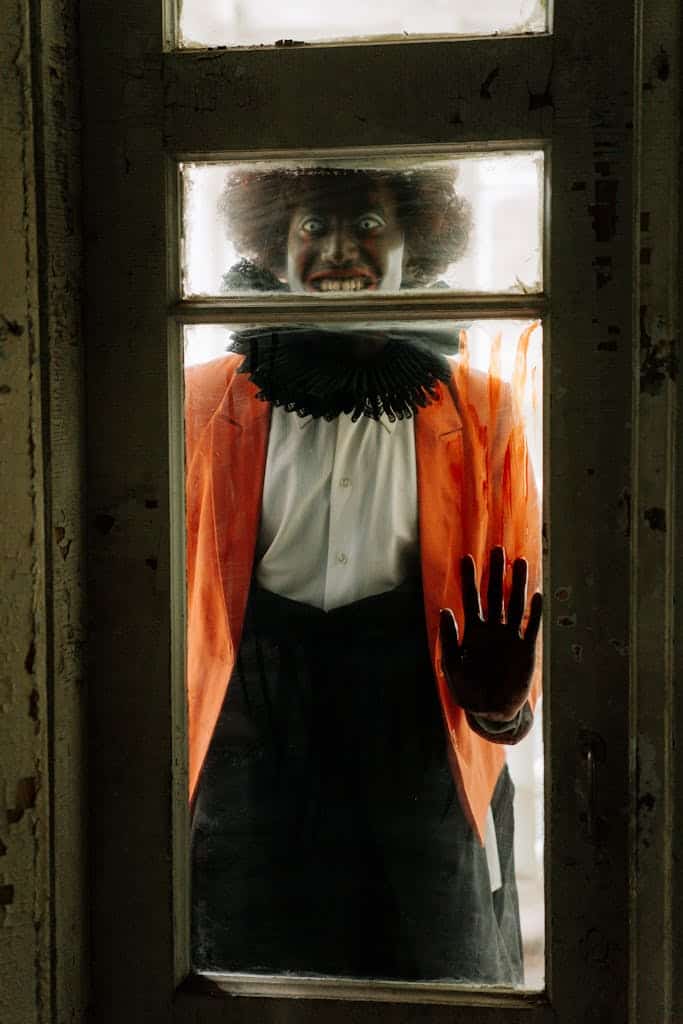 Writing Prompt for the Scary ~ A creepy clown in a costume stands behind a glass door, evoking a spooky Halloween atmosphere.