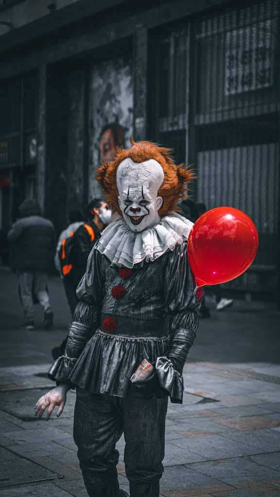 Writing Prompt ~ IT by S. King ~ But not ithis picture it's a  sinister clown holding a red balloon on a street in Bogota, evoking eerie vibes.
