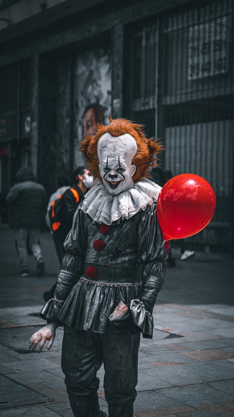 Writing Prompt ~ IT by S. King ~ But not ithis picture it's a sinister clown holding a red balloon on a street in Bogota, evoking eerie vibes.